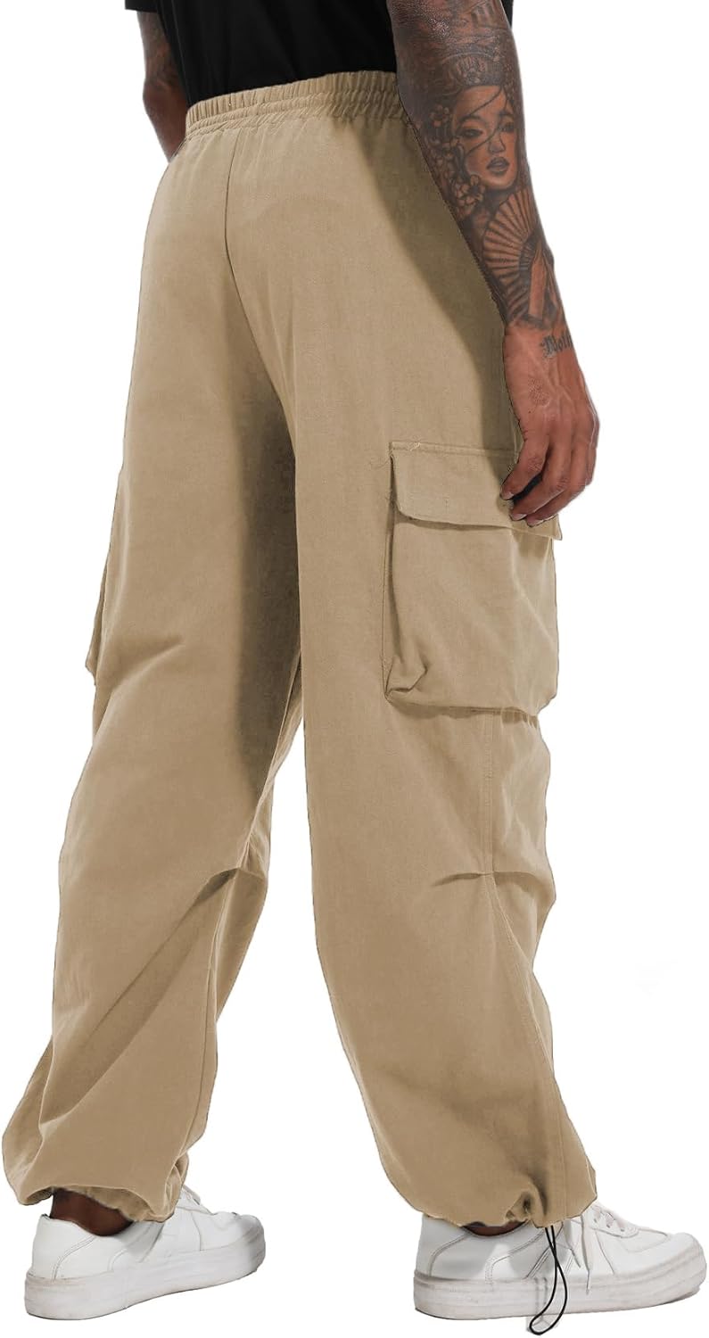 Men'S Baggy Cargo Pants Elastic Waist Drawstring Flap Pocket Beam Feet Streetwear Trousers