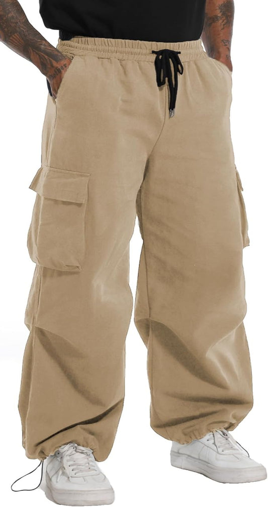 Men'S Baggy Cargo Pants Elastic Waist Drawstring Flap Pocket Beam Feet Streetwear Trousers
