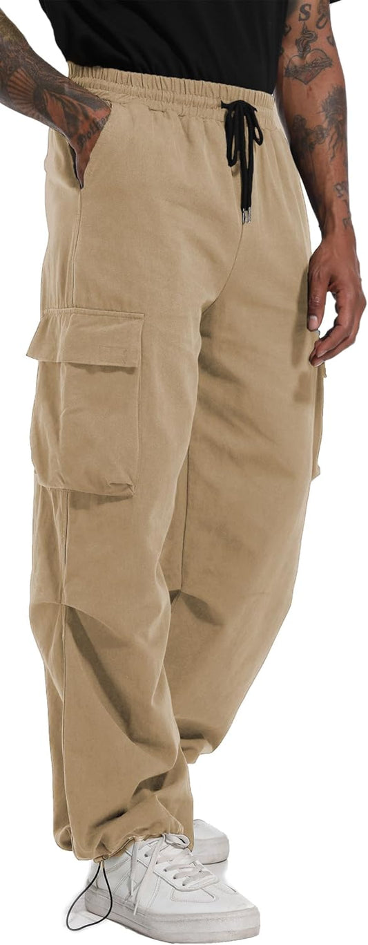 Men'S Baggy Cargo Pants Elastic Waist Drawstring Flap Pocket Beam Feet Streetwear Trousers
