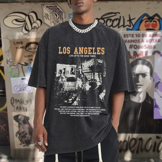 Oversized Graphic Tshirts for Men Acid Wash Los Angeles Vintage Tees Streetwear Baggy Cotton Shirts Casual Tops
