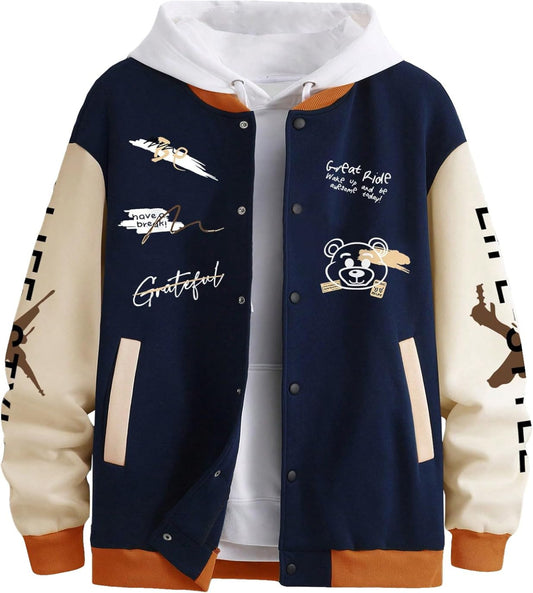 Men'S Slogan Graphic Button down Varsity Jacket Baseball Bomber Jackets