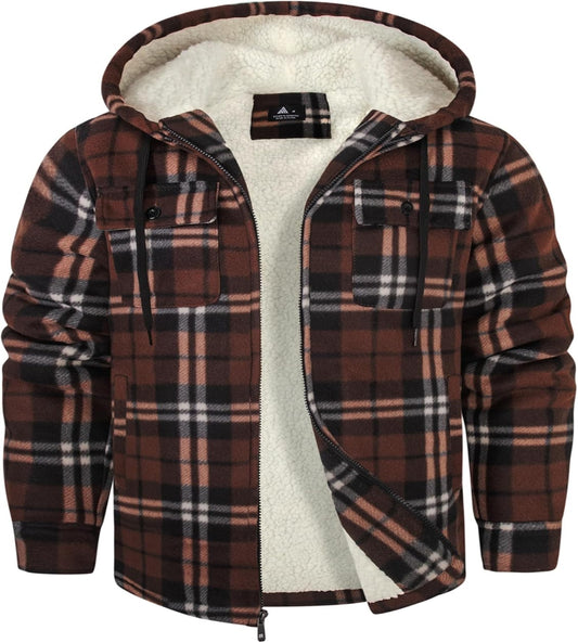 Men'S Flannel Shirt Jacket Fleece Sherpa Lined Plaid Jackets Coat Full Zip up Hoodie Winter Outwear