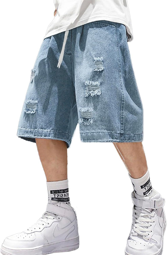 Baggy Jean Shorts Men, Y2K Jorts Cargo Ripped Elastic Waisted, Mens Denim Shorts Loose Fit Vintage Streetwear Summer